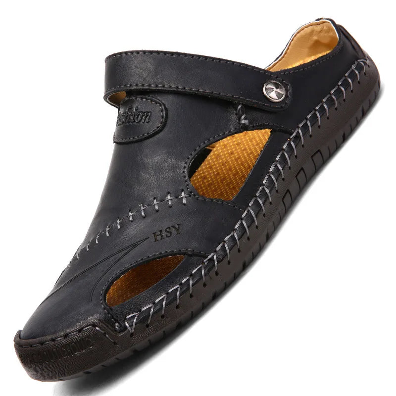 Große Größe Herren Sandalen Freizeit Leder Strand Schuhe Atmungsaktive Slip-On Langlebige genähte Konstruktion Bequeme Wandersandalen