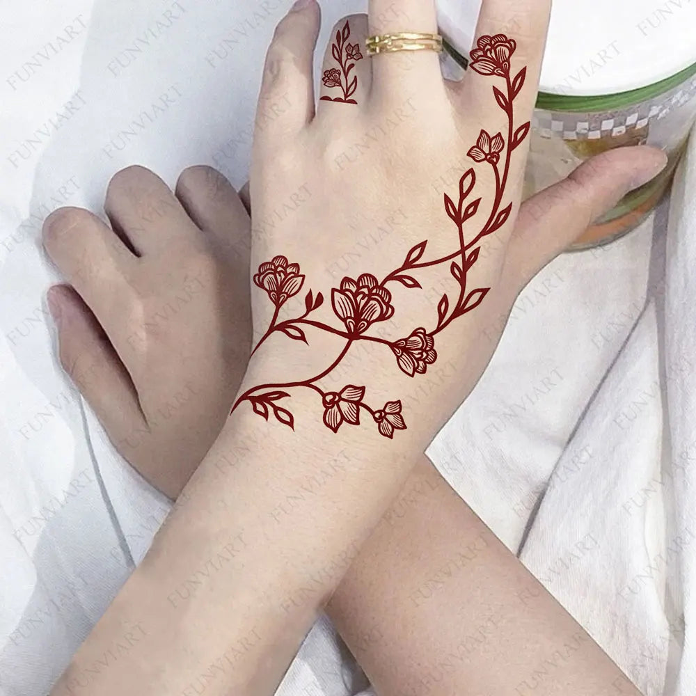 Waterproof Flower Hand Tattoo for Women Maroon Henna Tattoo Stickers for Hand Fingers Body Art Disposable Fake Tattoo Festival - Sun Studio