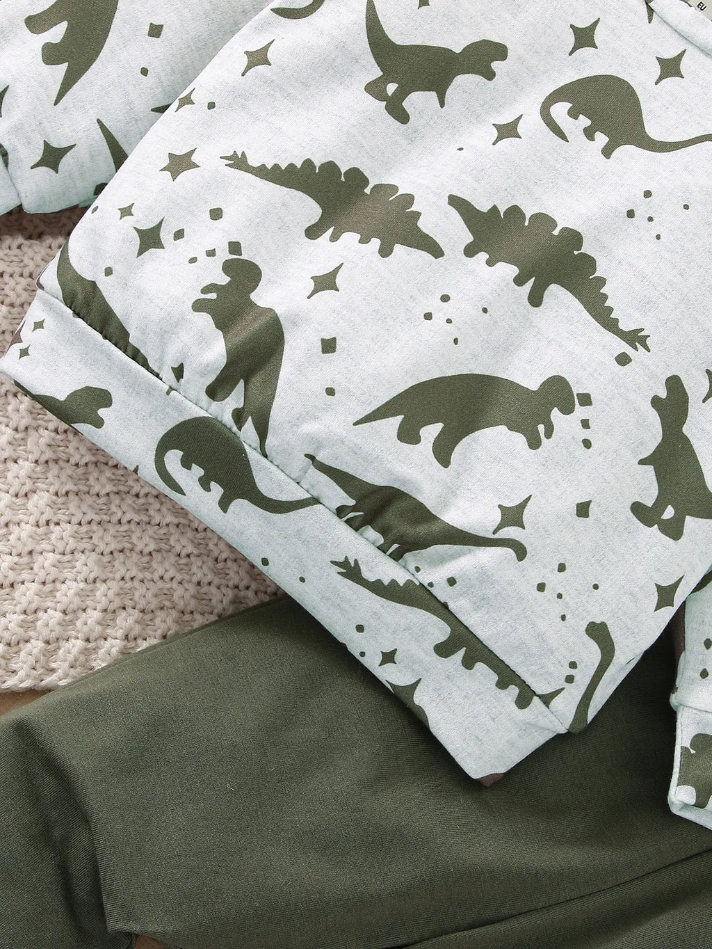 Spring and Autumn Two-Piece Baby Boy Sports Leisure Comfortable Dinosaur Pattern Long Sleeve Top Army Green Pants Suit - Sun Studio