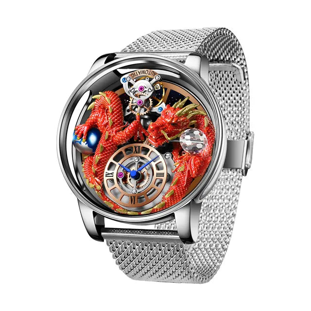 PINDU Design New 3D Dragon Earth Theme Quartz Watches Men Celestial Series Curved Mirror Transparent Design Watch Wristwatches - Sun Studio