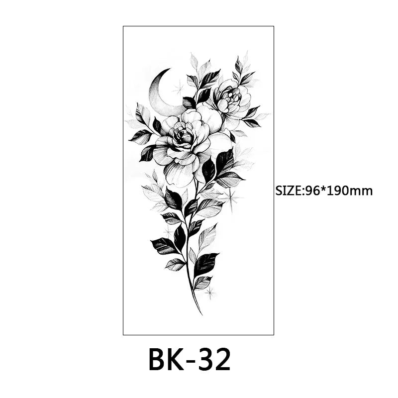 Rose Blossom Tattoo Temporary Waterproof Butterfly Fake Tattoo for Woman Black Flower Sketch Tattoo Sticker - Sun Studio