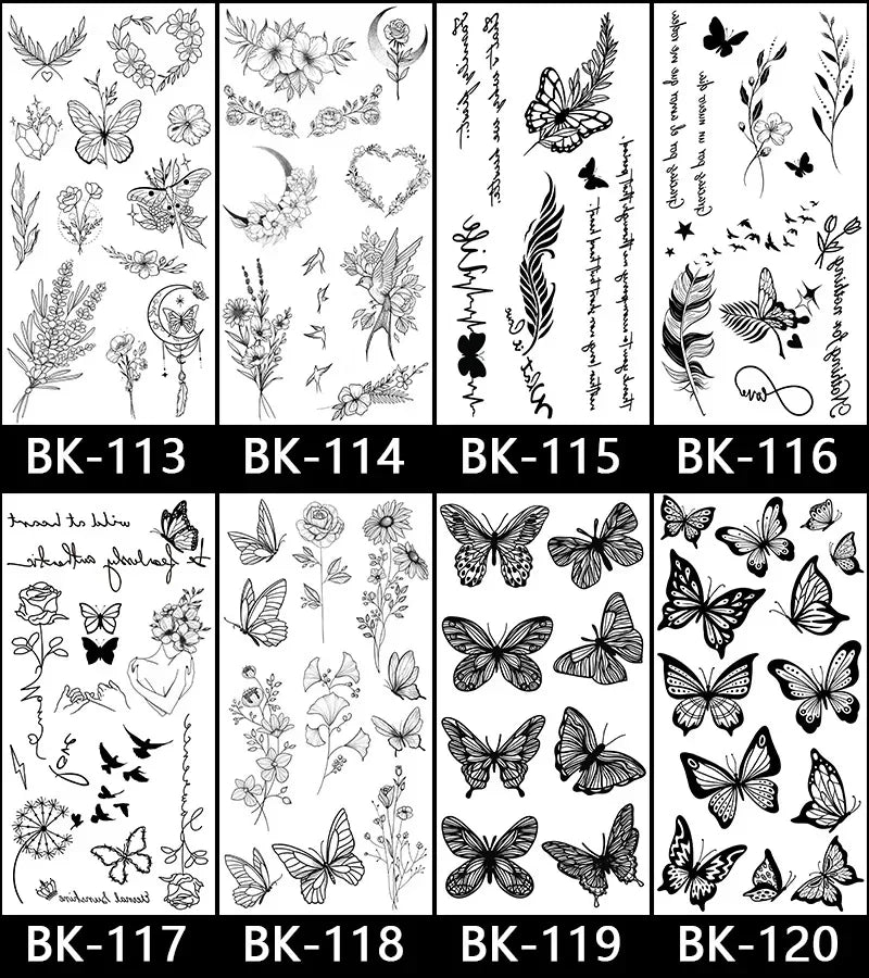 Rose Blossom Tattoo Temporary Waterproof Butterfly Fake Tattoo for Woman Black Flower Sketch Tattoo Sticker - Sun Studio