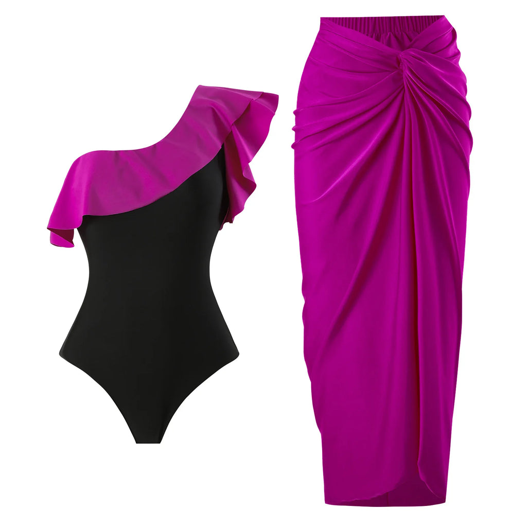 2024 Sexy Damen Badeanzug mit Rock Einteiler Badebekleidung Vintage Rüsche V-Ausschnitt Cover Up Bikinis Set Strandmode Badeanzug