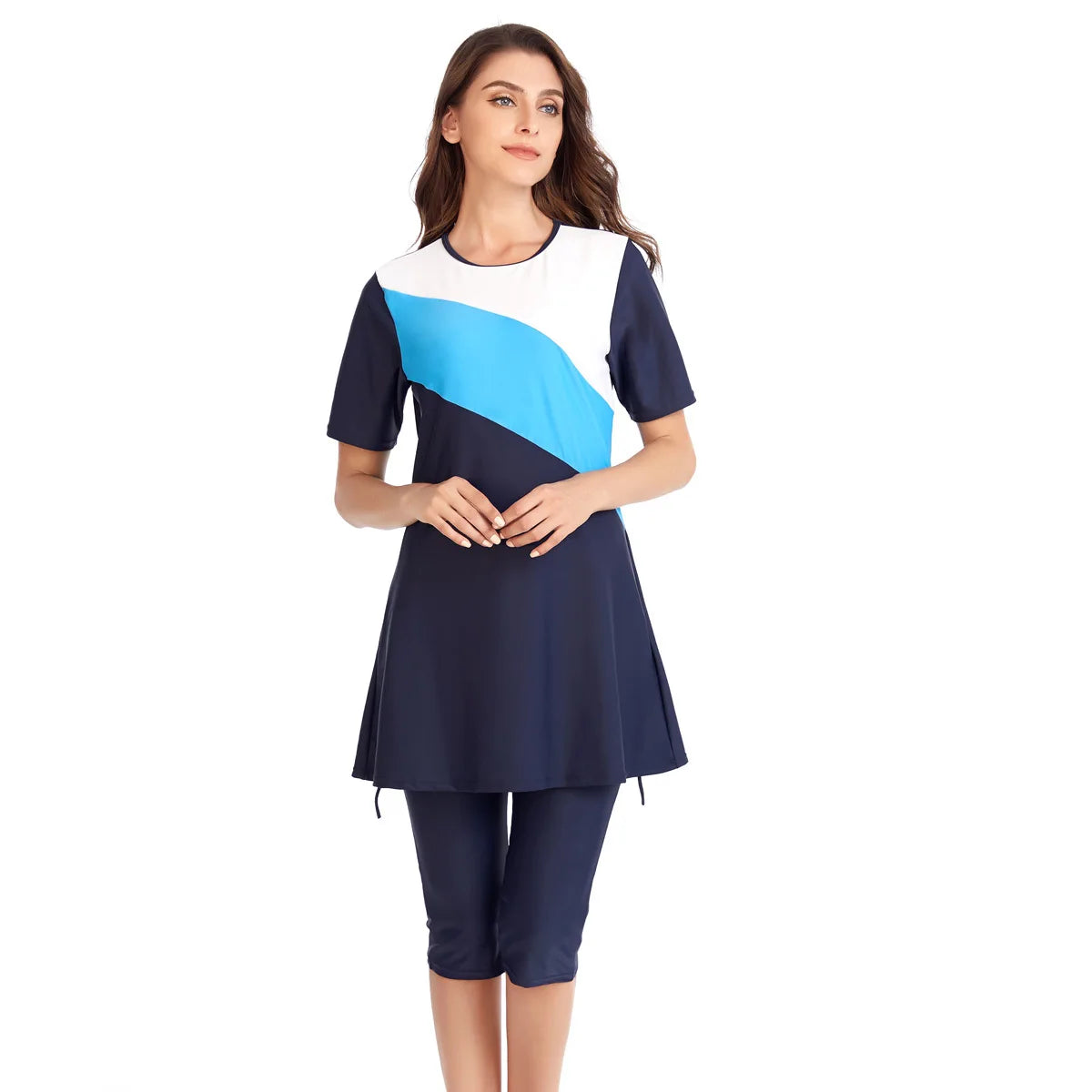 Short Sleeve Muslim Swimwear for Women, Modest Patchwork Hijab, Sport Swimsuit, Islamic Burkinis, Bathing Suit - Sun Studio