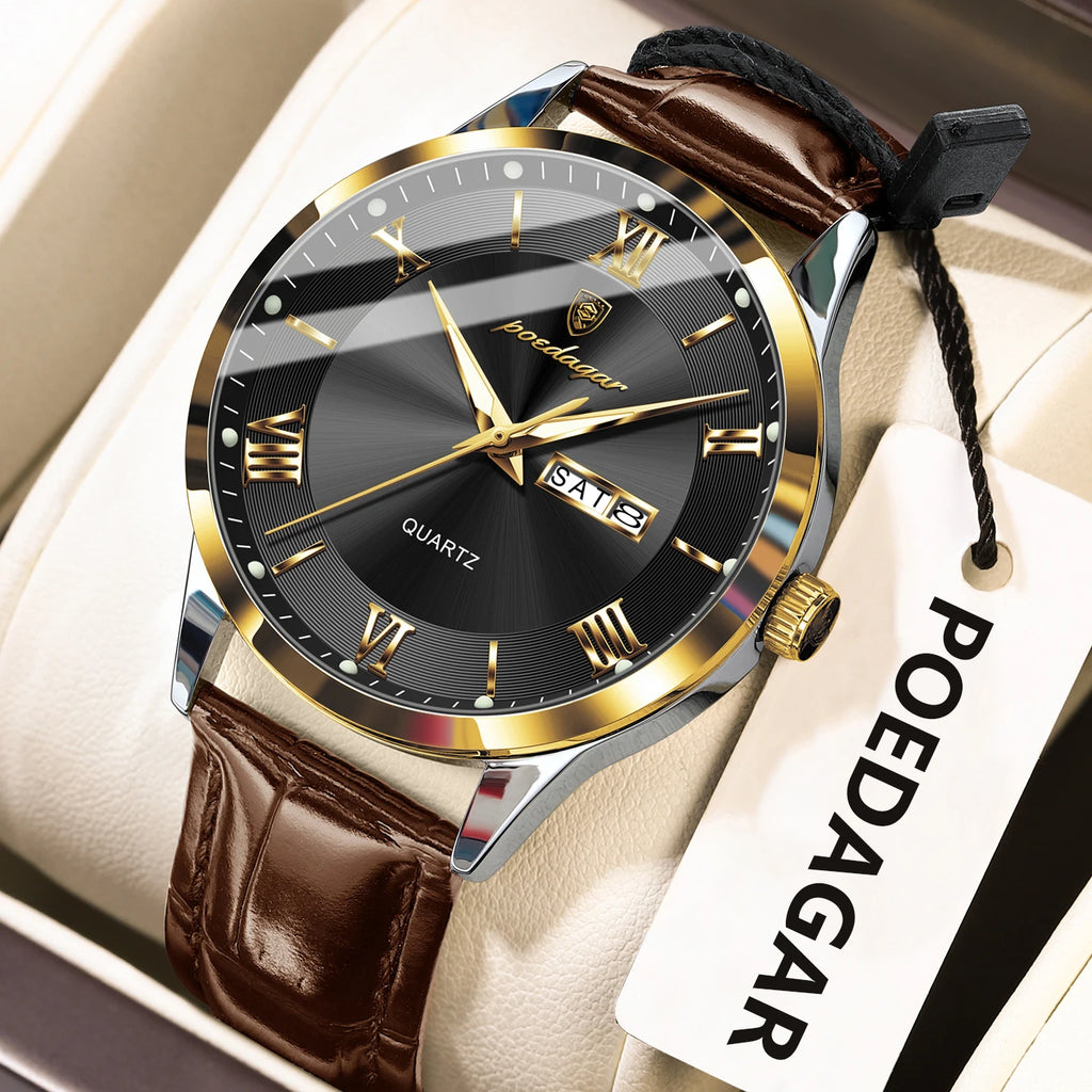 POEDAGAR Classic Luxury Men's Wristwatch Date Week Leather Business Man Watch Waterproof Luminous Fashion Quartz Watches For Men - Sun Studio