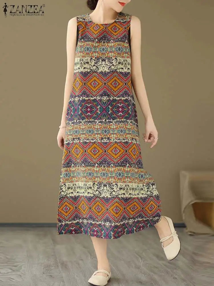 Women Bohemain Sleeveless Sundress ZANZEA Summer Printed Dress Vintage Beach Holiday Vestidos Casual O Neck Baggy Midi Dresses - Sun Studio
