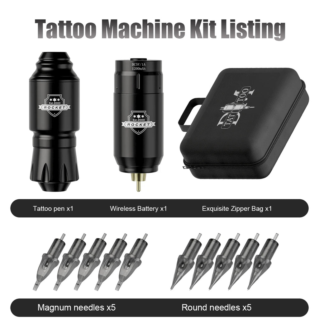 1set, DM Wireless Tattoo Kit ,Complete Mini Rocket Machine Battery Cartridge Needles Power Supply Inks Rotary Tattoo Pen Set - Sun Studio