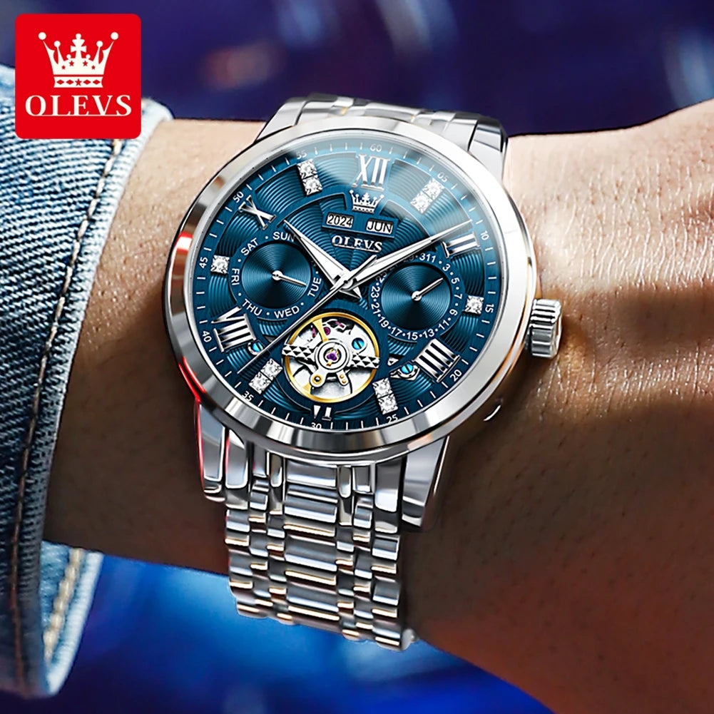 OLEVS 6701 Top Original Automatic Watch for Men Stainless Steel Hollow Skeleton Mechanical Watch Waterproof Business Wristwatch - Sun Studio