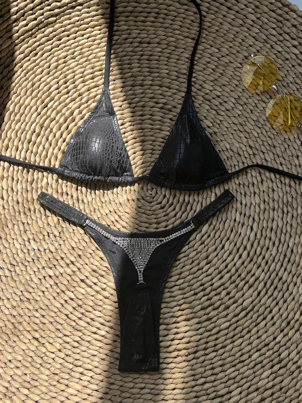 Shiny Black Snakeskin Print Bikini Set 2025 Women Luxury Diamond Back Thong Swimsuit Beach Push Up Bathing Suit Holiday Swimwear - Sun Studio
