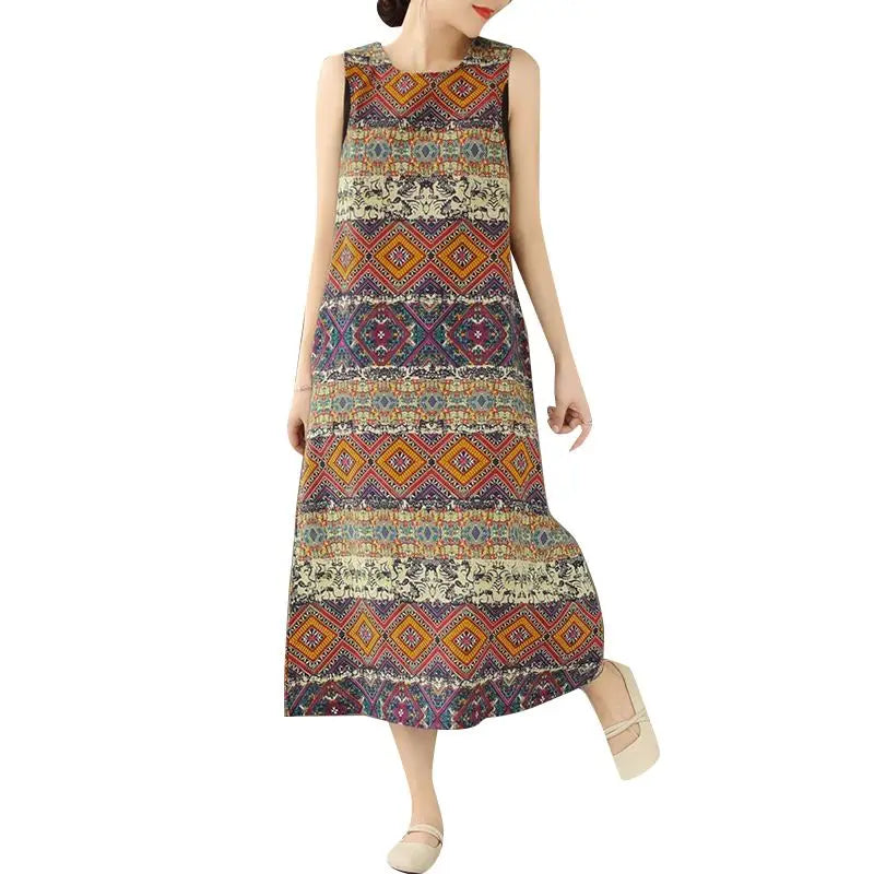 Women Bohemain Sleeveless Sundress ZANZEA Summer Printed Dress Vintage Beach Holiday Vestidos Casual O Neck Baggy Midi Dresses - Sun Studio
