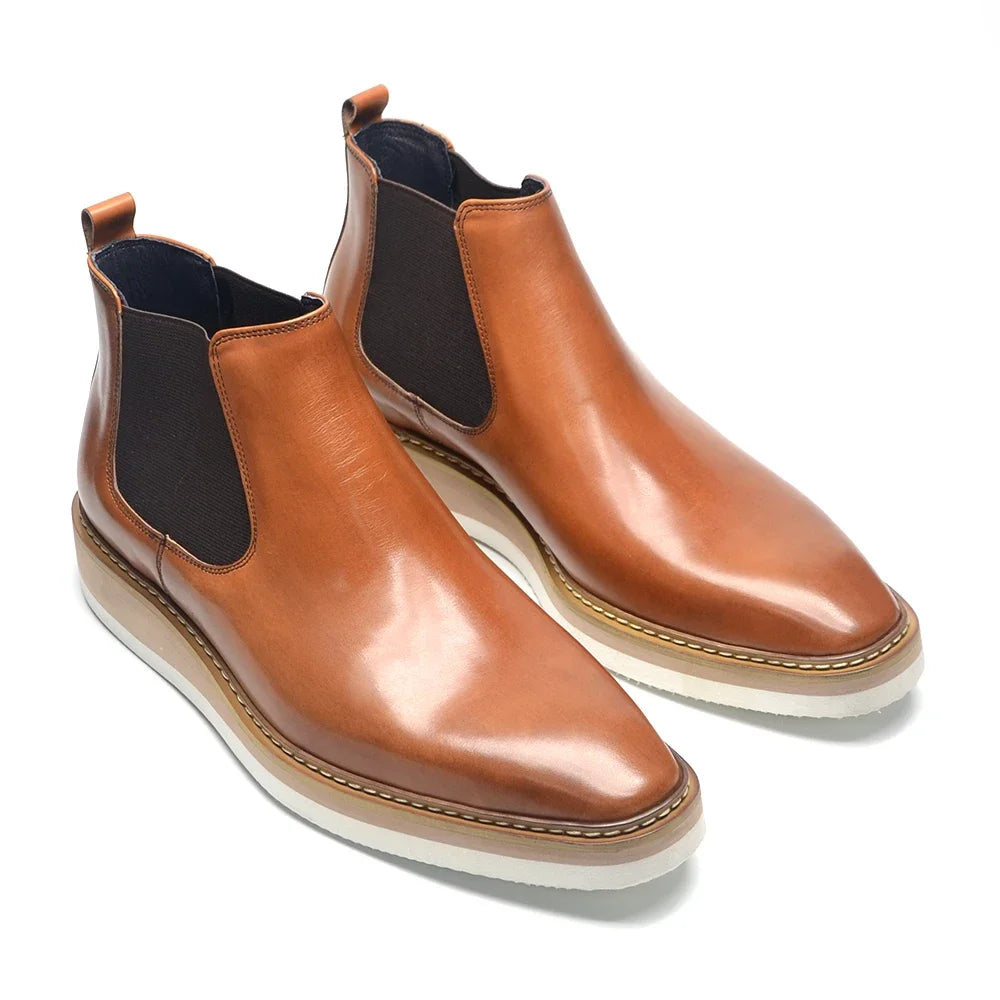 Britischer Stil Kuh Echtes Leder Herren Chelsea Stiefeletten Slip-On Elastisches Band Hohe Sneakers Freizeit Dress Boots für Männer