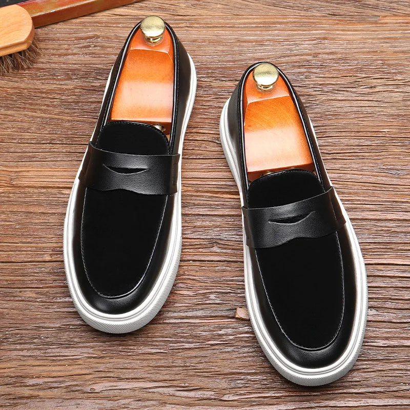 Newest 2025 Autumn Men Suede Leather Loafers Thick Sole Men Slip On Platform Black Party Shoes - Sun Studio