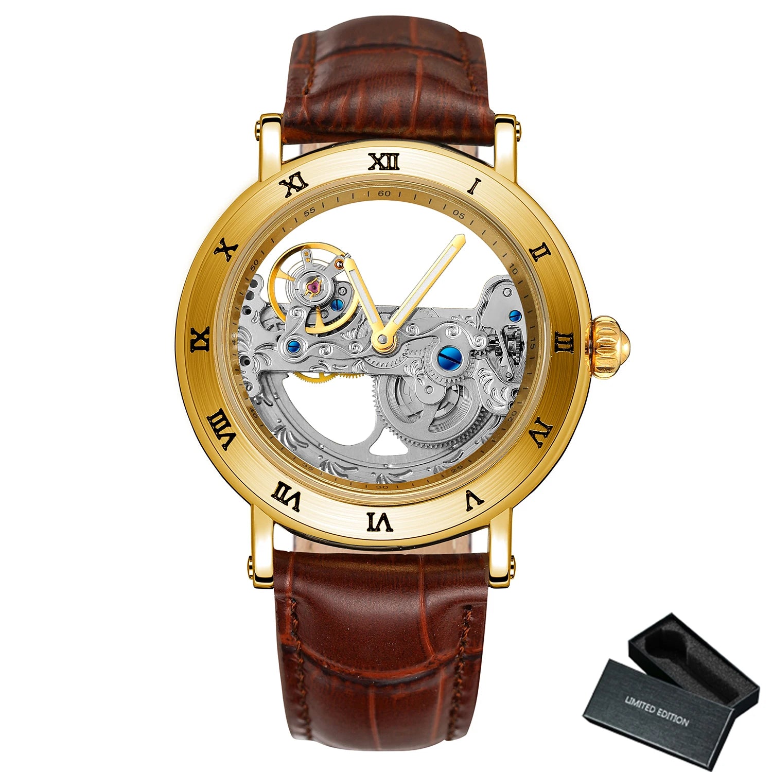 Forsining Silver Skeleton Automatic Watch Men Luminous Hands Business Retro Golden Bridge Mechanical Watches Steel Leather Strap - Sun Studio