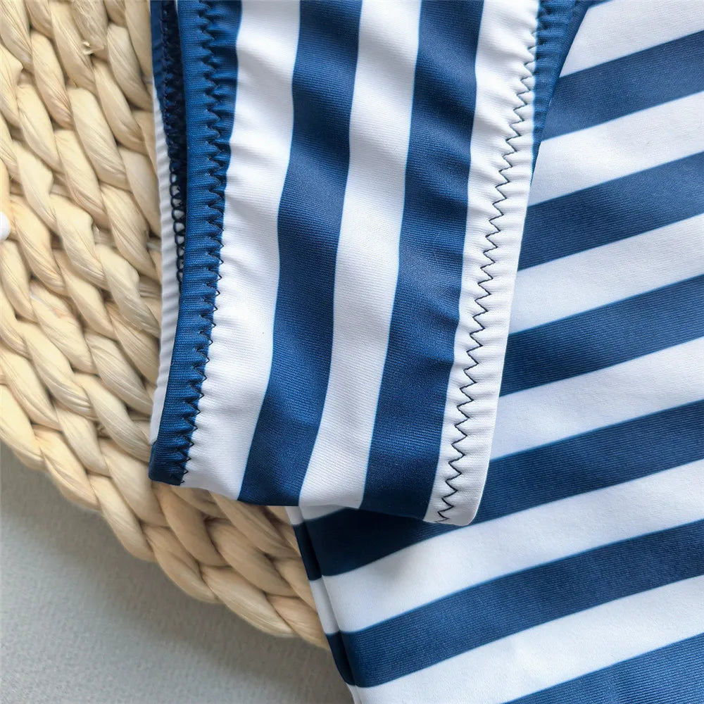 Blue Striped Print String Halter Micro Bikini Thong Sexy Swimsuit Cover Ups Women Holiday Swimwear Beach Wear Bikinis Sets 2026 - Sun Studio