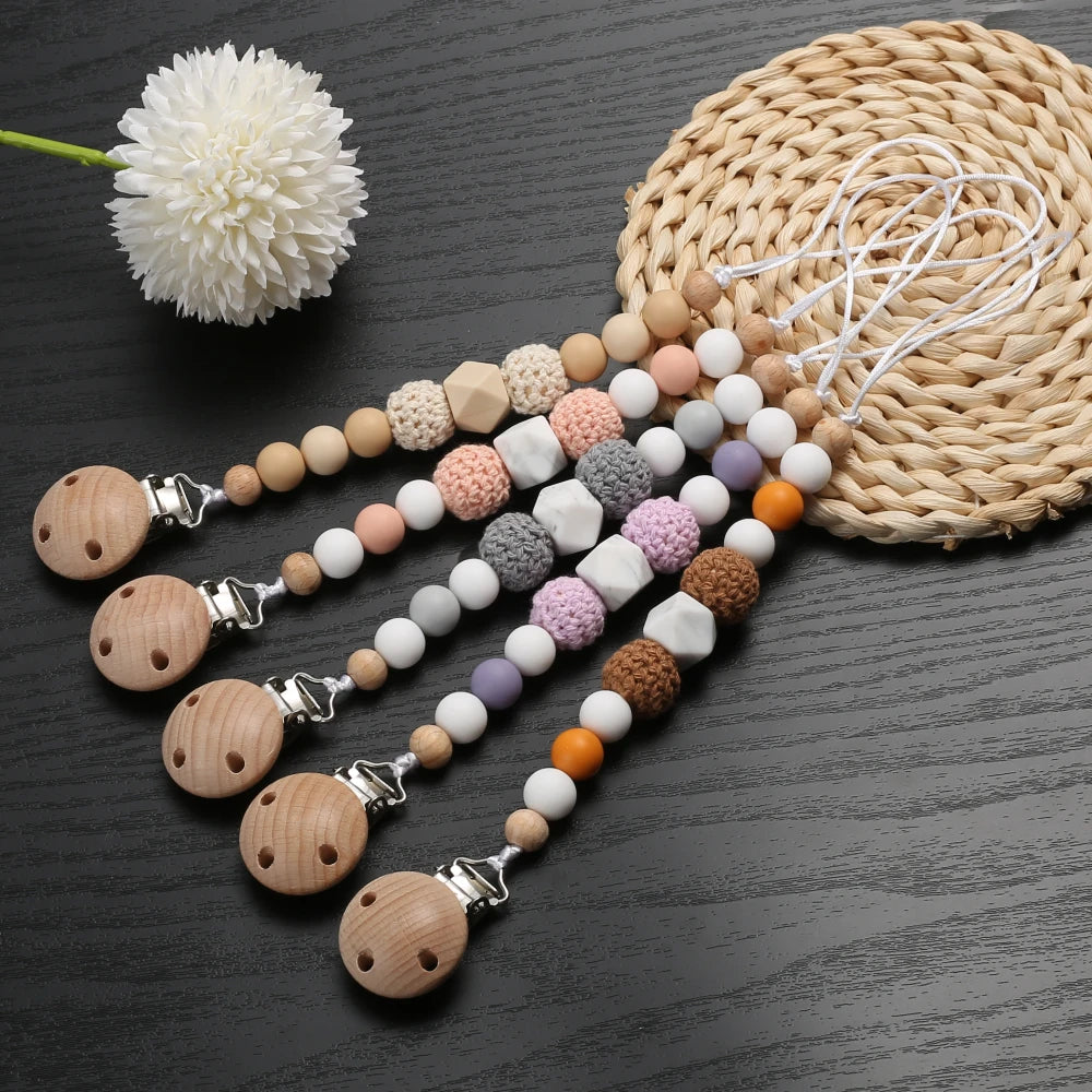 Wooden Felt Ball Baby Pacifier Chain Beech Soother Nipple Clips For Silicone Beaded Dummy Holder Chain Care Chew Toy Shower Gift - Sun Studio