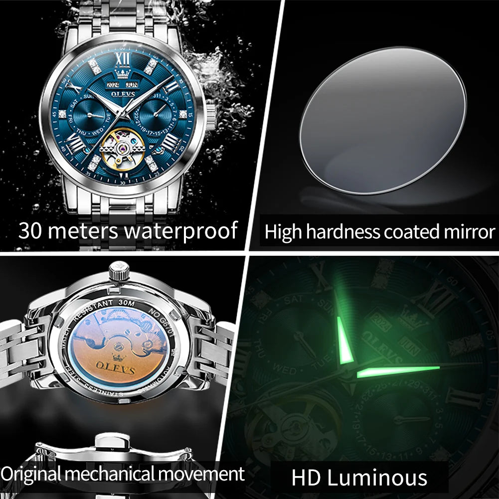 OLEVS 6701 Top Original Automatic Watch for Men Stainless Steel Hollow Skeleton Mechanical Watch Waterproof Business Wristwatch - Sun Studio