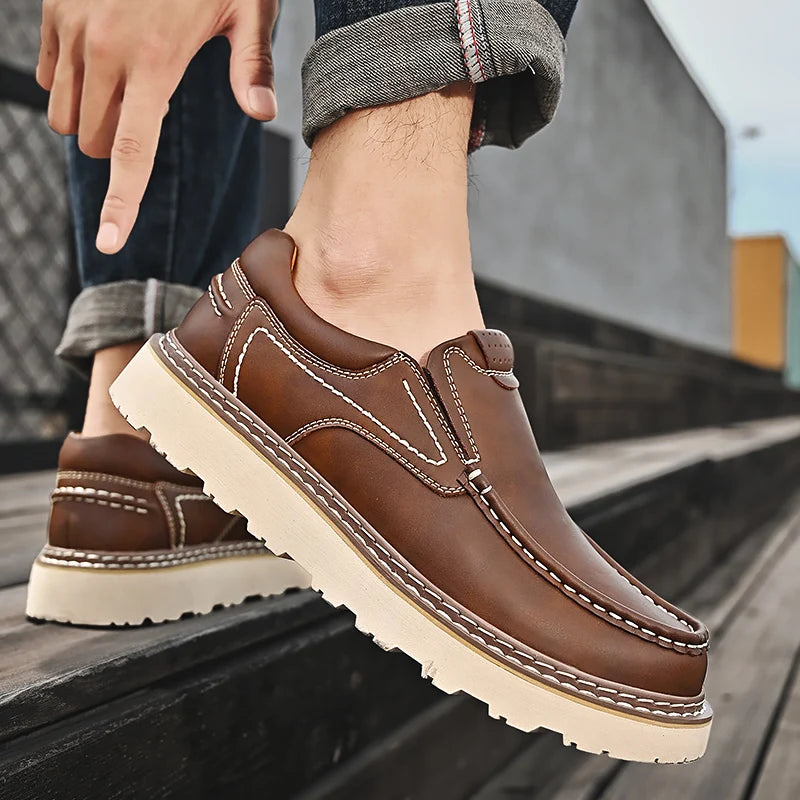 Trendy New Style Men's Genuine Leather Shoes Thick Soled Tooling Shoes Men's Oxford Shoes Lace Up Business Shoes Outdoor Loafers - Sun Studio