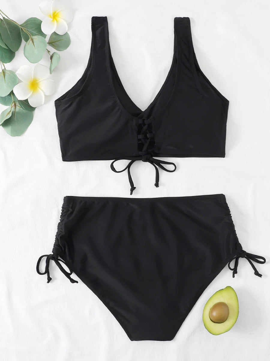 Drawstring High Waist Bikini 2023 Women Solid Swimwear Female Cross Front Swimsuit Padded Beachwear Bather Bathing Swimming Suit - Sun Studio