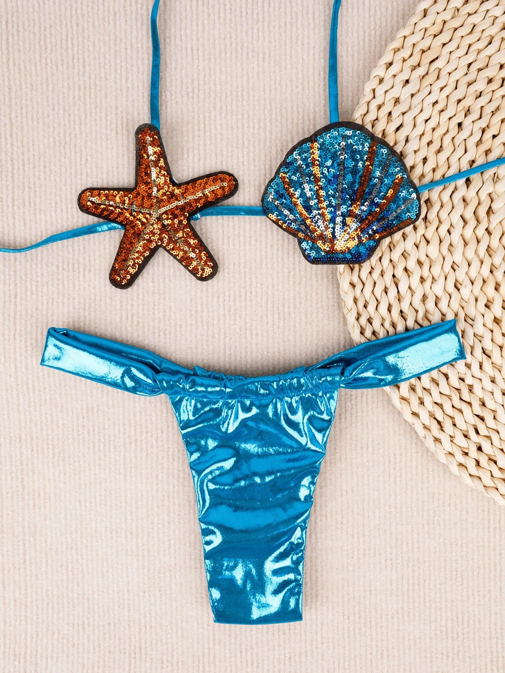 Shiny Sequin Shell Starfish Bikini Set Women Sexy Push Up Pleate Thong Swimsuit 2025 Brazilian Beach Bathing Suit Micro Swimwear - Sun Studio