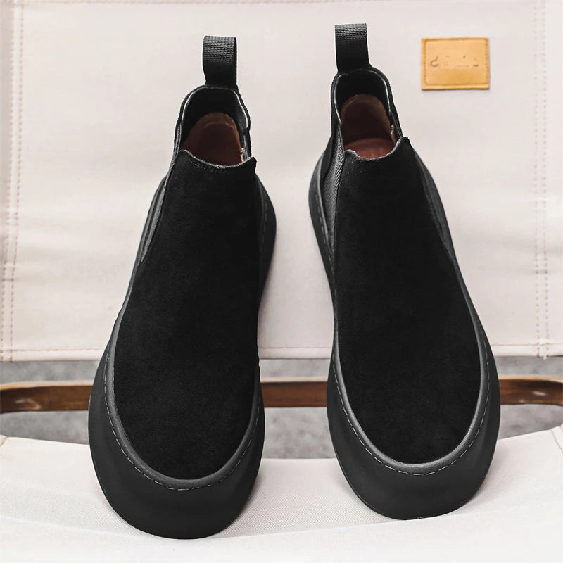 Fashion Brand Men Genuine Leather Mid Top Boots with British Style Autumn Winter Men Anti Slip and Wear-resistant Chelsea Boots - Sun Studio