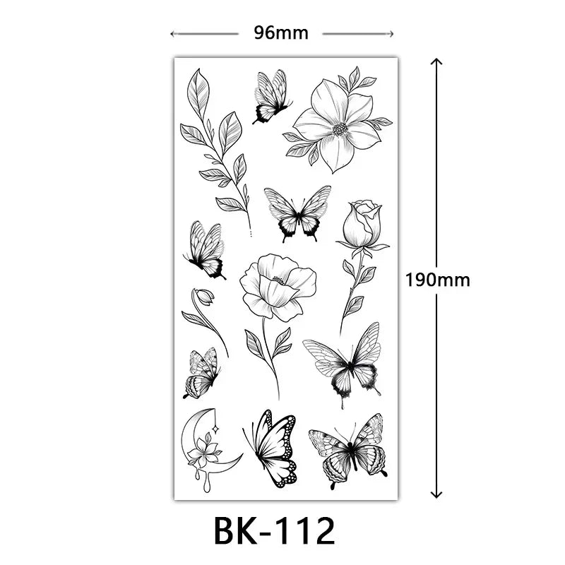 Rosenblüten-Tattoo Temporäres wasserdichtes Schmetterlings-Fake-Tattoo für Frauen Schwarzes Blumen-Skizzen-Tattoo-Aufkleber