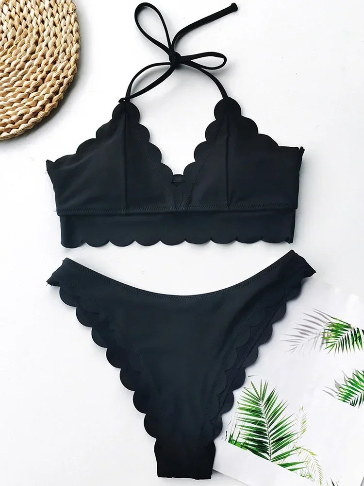 Sexy Scalloped Marble Print Bikini Women Bandeau Swimwear Female Swimsuit Two-pieces Bikini set Knotted Bather Bathing Suit Swim - Sun Studio