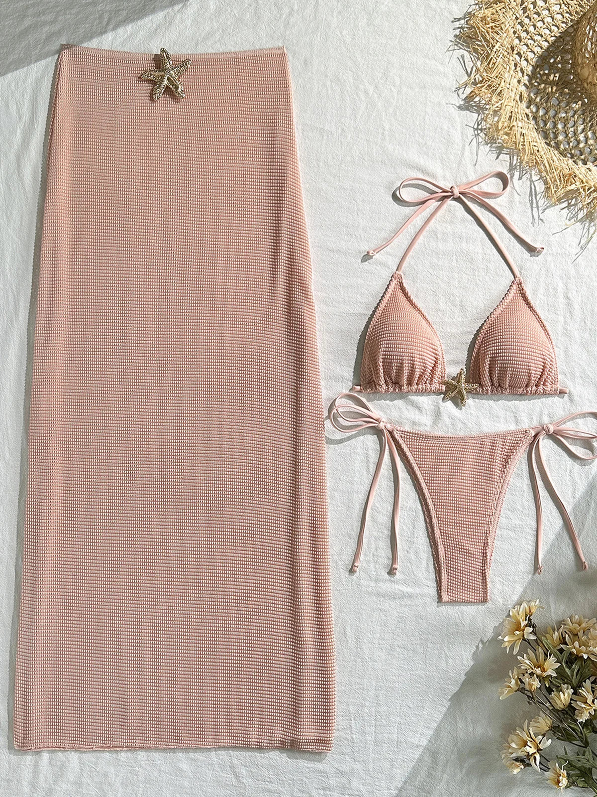 Metal Star Halter With Skirt Bikini Female Swimsuit Women Swimwear Three-pieces Bikini set Padded Bather Bathing Suit Swim V6740 - Sun Studio