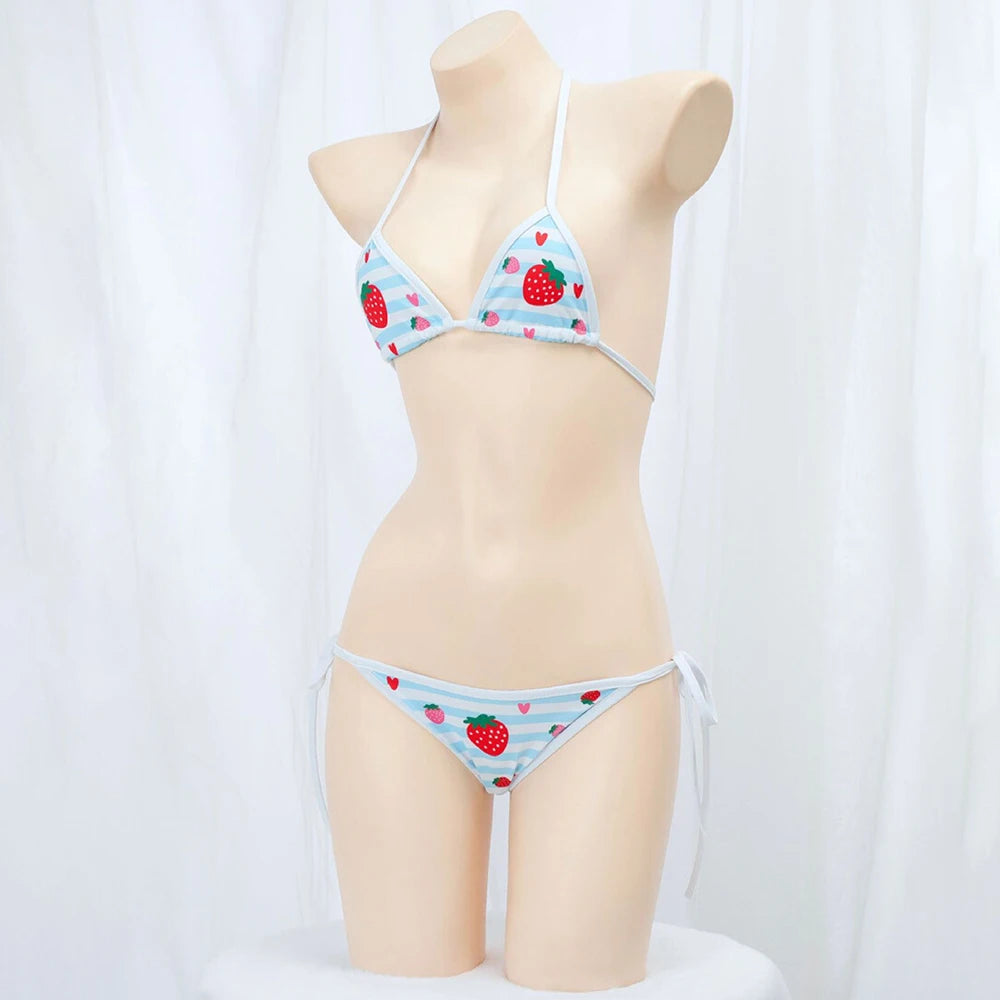 Cute Bikini Swimwear Women 2025 Strawberry Print Girl Lace Up Bathing Suit Low Waist Mini Bikinis Sets Beach Swimsuit - Sun Studio