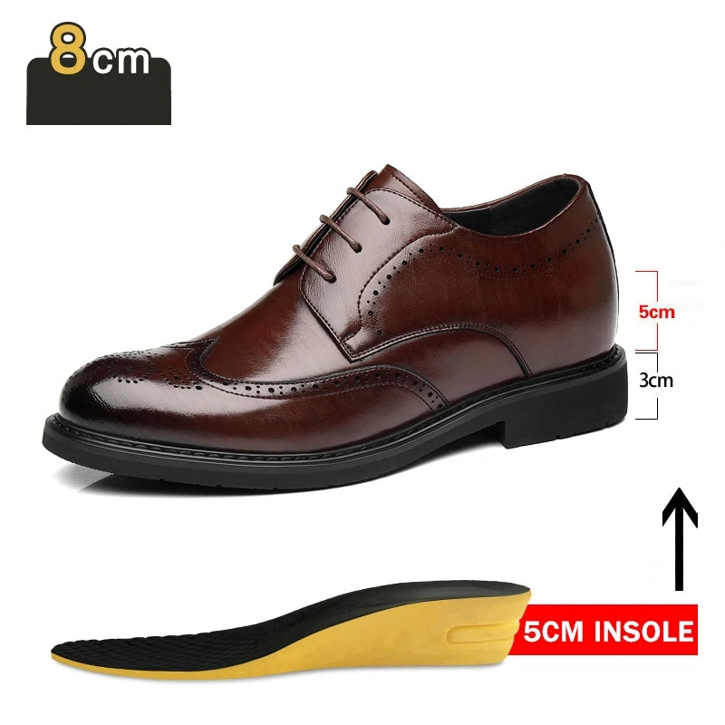 Men's Dress Brogues Elevator Shoes Platform Breathable Casual Business Luxury Genuine Leather Heightening Shoes 6 8CM Taller Man - Sun Studio