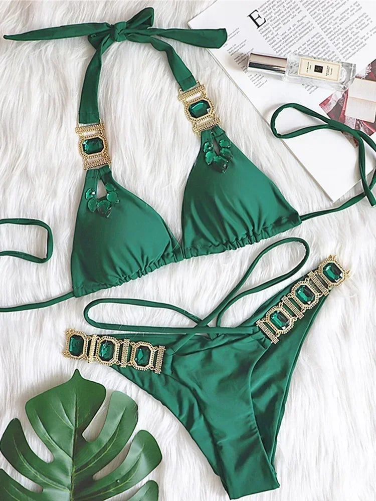 Halter Jewelled Diamond Bikini Women Swimsuit Female Triangle Swimwear Two piece Bikini set Brazilian Bather Bathing Suit Swim - Sun Studio