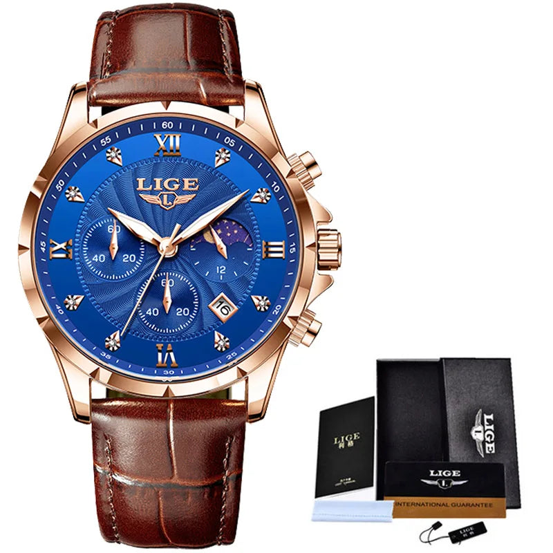 LIGE New Quartz Watches for Men Top Brand Luxury Leather Fashion Military Watch Men Sport Waterproof Chronograph Montre Homme - Sun Studio