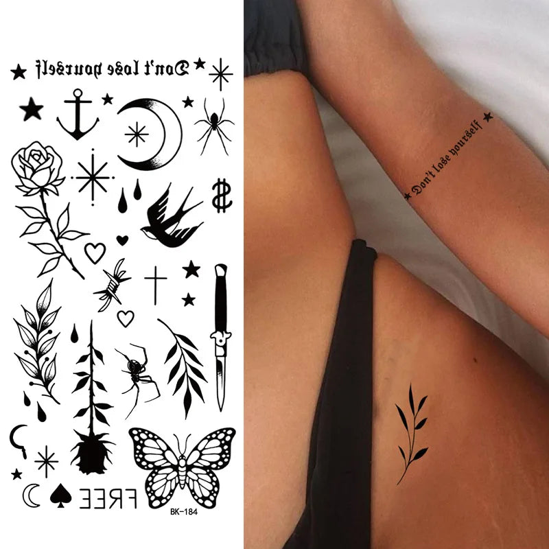Schwarz Weiß Temporäre Transfer Tattoos Florale Schmetterlinge Schriftzüge Linienkunst Wasserfeste Körperaufkleber für Musikfestival Party