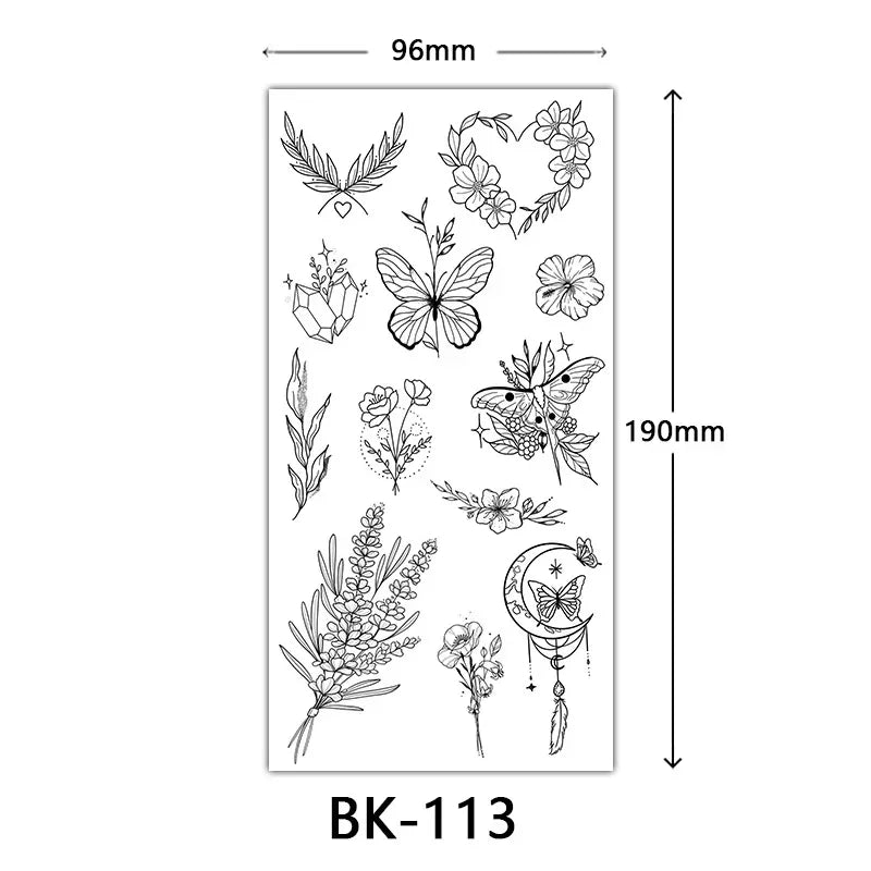 Rosenblüten-Tattoo Temporäres wasserdichtes Schmetterlings-Fake-Tattoo für Frauen Schwarzes Blumen-Skizzen-Tattoo-Aufkleber