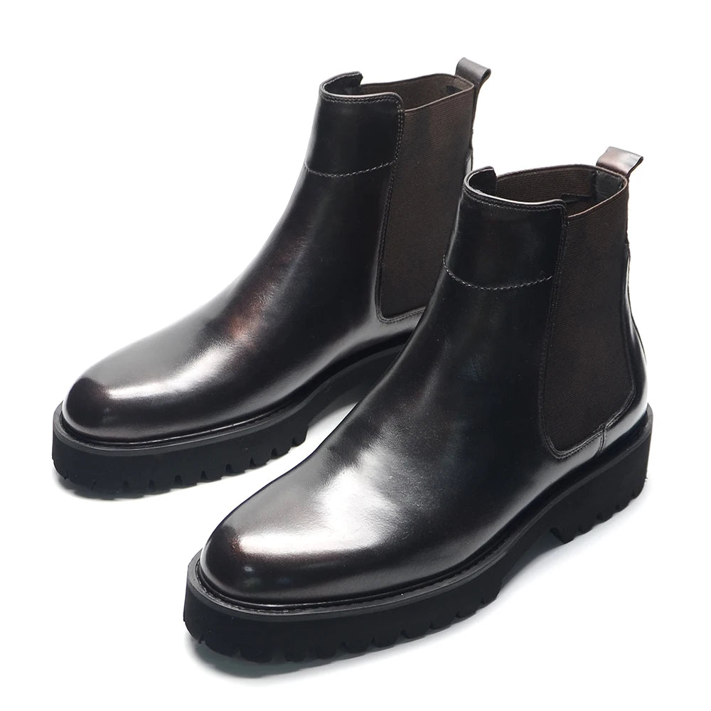 British Style High Top Men's Chelsea Boots Increase Height Classic Luxury Genuine Leather Elastic Band Men Autumn Winter Shoes - Sun Studio