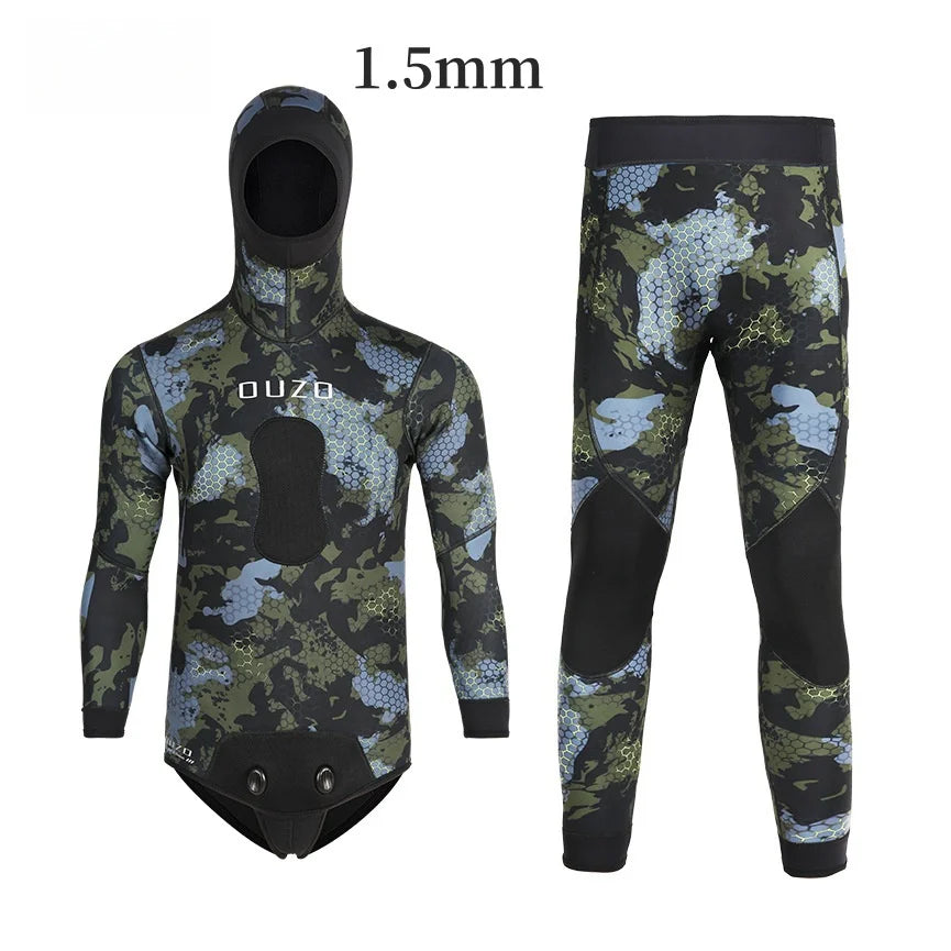 1.5mm Camouflage Wetsuit Long Sleeve Hooded 2 Pieces Set Neoprene For Men Keep Warm Scuba Diving Suit Cold Water Swimsuit - Sun Studio