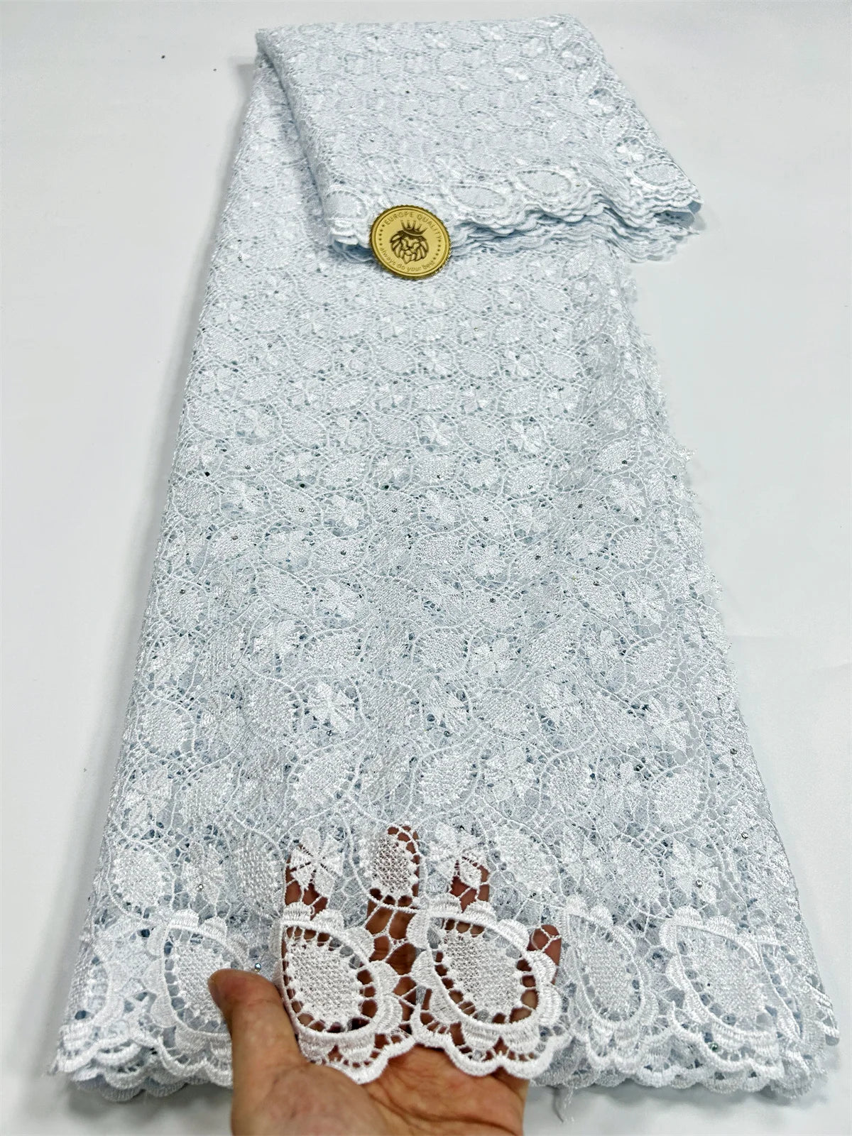 2024 Peach African Guipure Cord Lace Fabric with Stones Chemical Lace Fabric Water Soluble Lace For Women Evening Party Dresses - Sun Studio