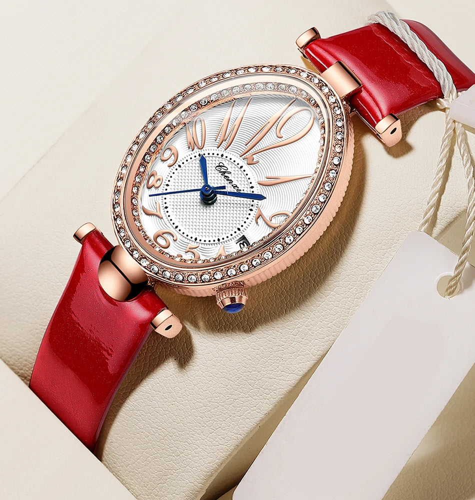 Luxury Watch For Women Diamond Waterproof Quartz Ladies Watches Fashion Elegant Oval Calendar Wristwatche Leather Strap - Sun Studio