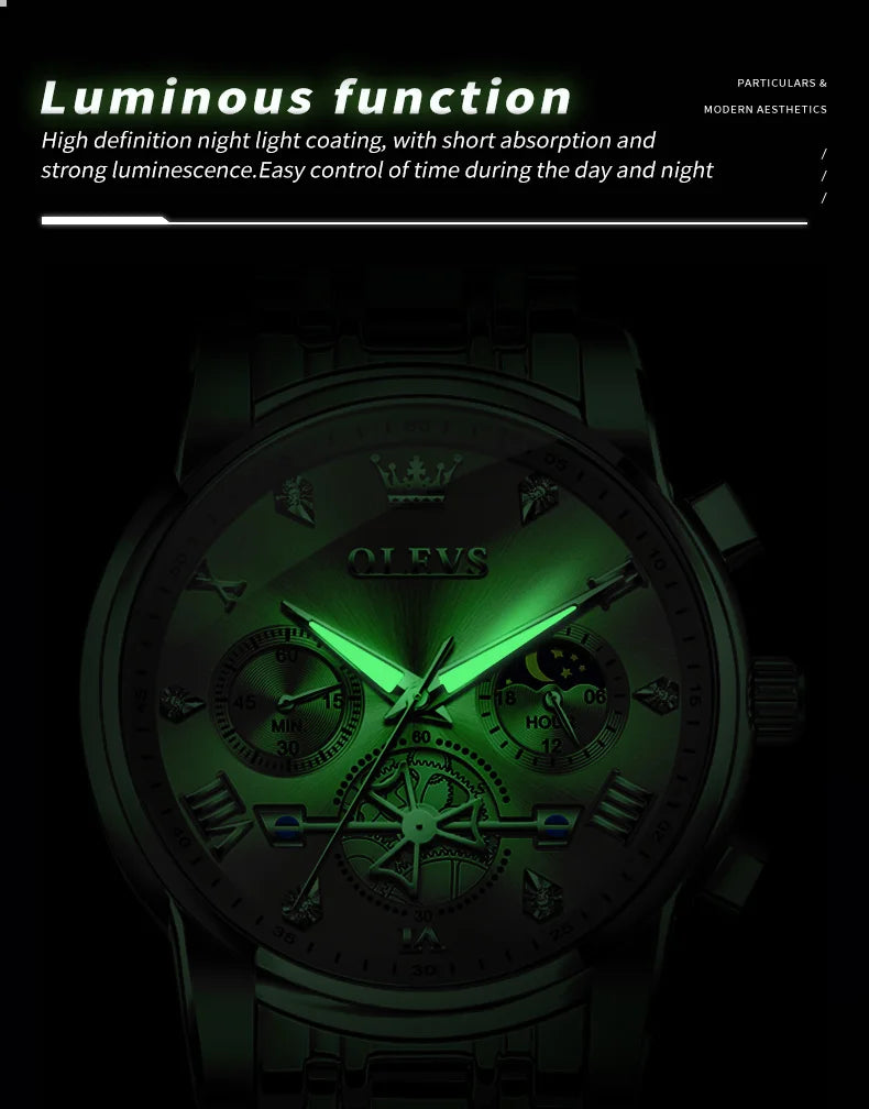 OLEVS Men's Watches Classic Multifunctional Flywheel Design Stainless steel Waterproof Moon Phase Men's Wristwatches 2024 Trend - Sun Studio