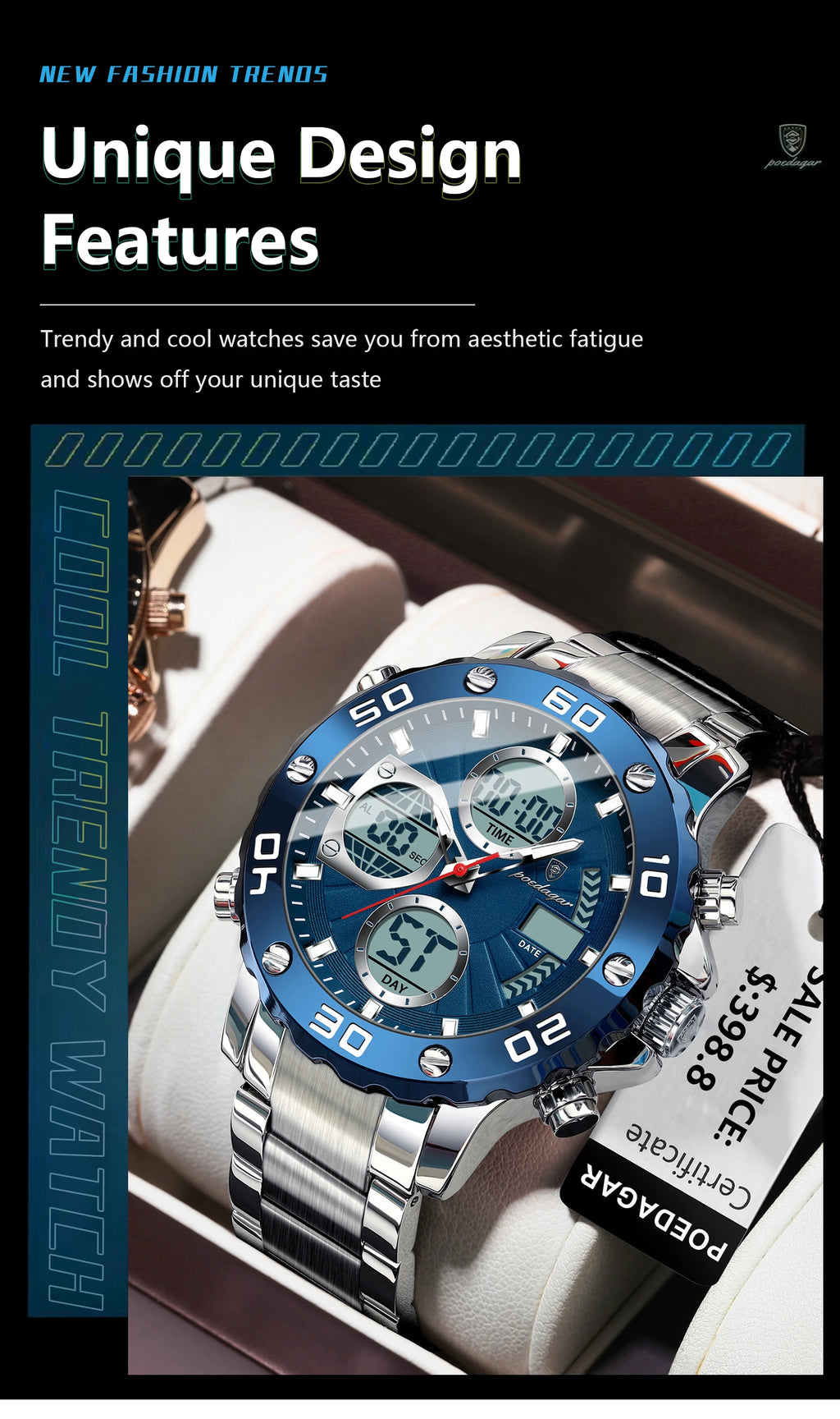 POEDAGAR Military Men's Quartz Wristwatch LED Alarm Dual Display Men Watch Electronic Waterproof Outdoor Sports Watches for Men - Sun Studio