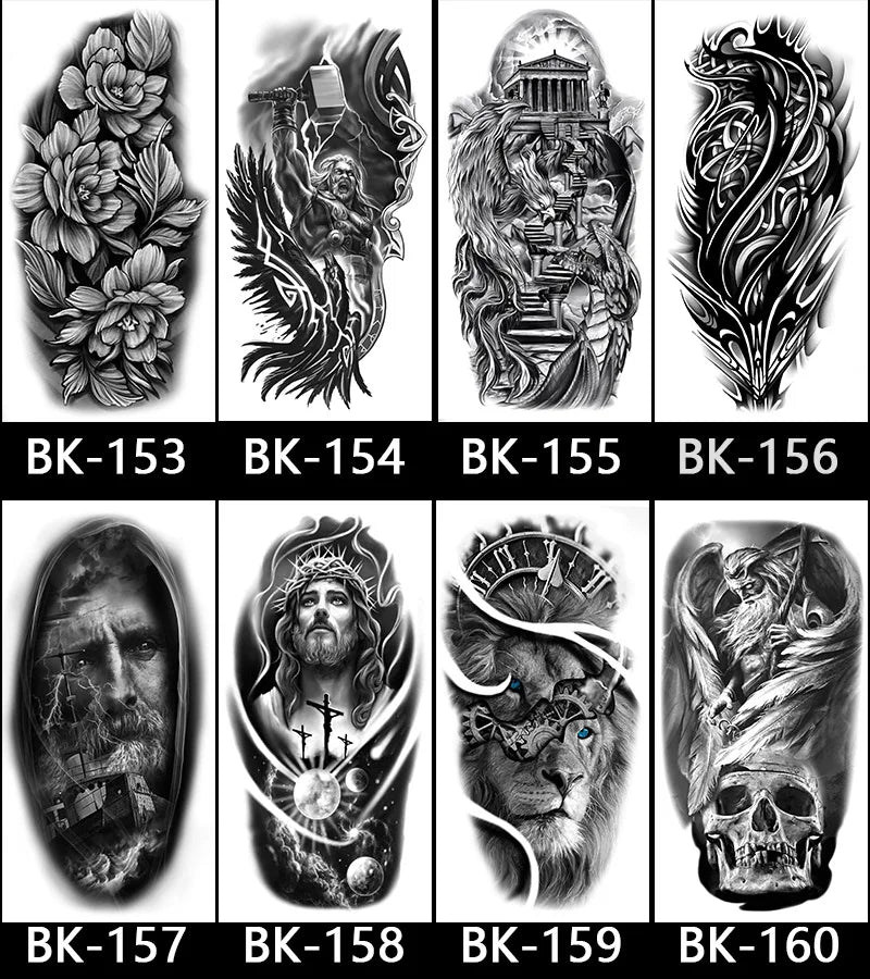 Black White Temporary Transfer Tattoos Floral Butterfly Lettering Line Art Waterproof Body Stickers for Music Festival Party - Sun Studio