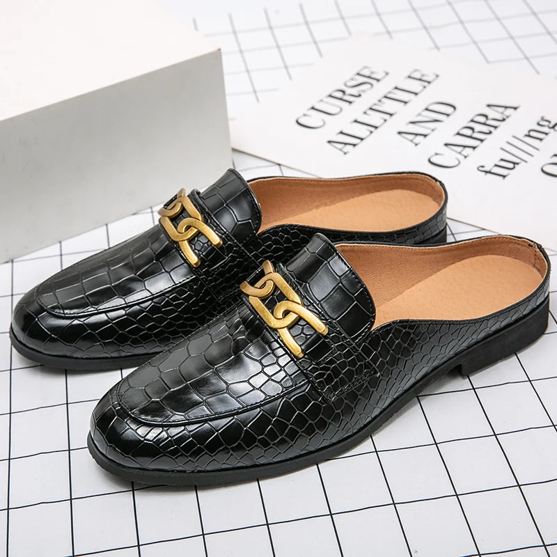 100% Genuine Leather Black Men’s Half Shoes For Men Shoes Mules Casual Designer Shoes Fashion Loafers Luxury Black Slippers 2022 - Sun Studio