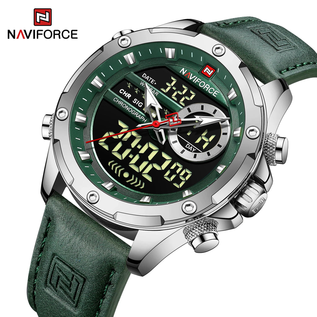 NAVIFORCE Luxus Original Uhren für Herren Freizeit Sport Chronograph Alarm Quarz Armbanduhr Leder Wasserdicht Digitale Uhr 9163