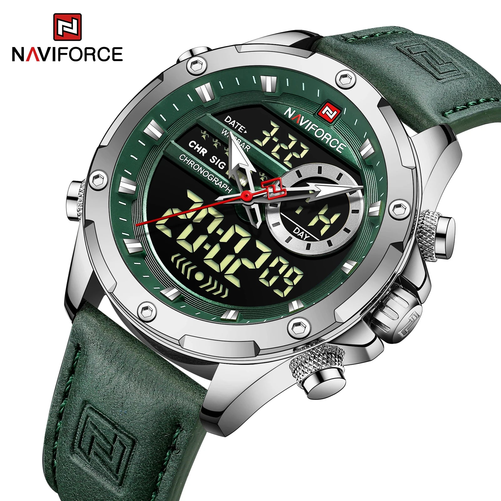 NAVIFORCE Luxus Original Uhren für Herren Freizeit Sport Chronograph Alarm Quarz Armbanduhr Leder Wasserdicht Digitale Uhr 9163