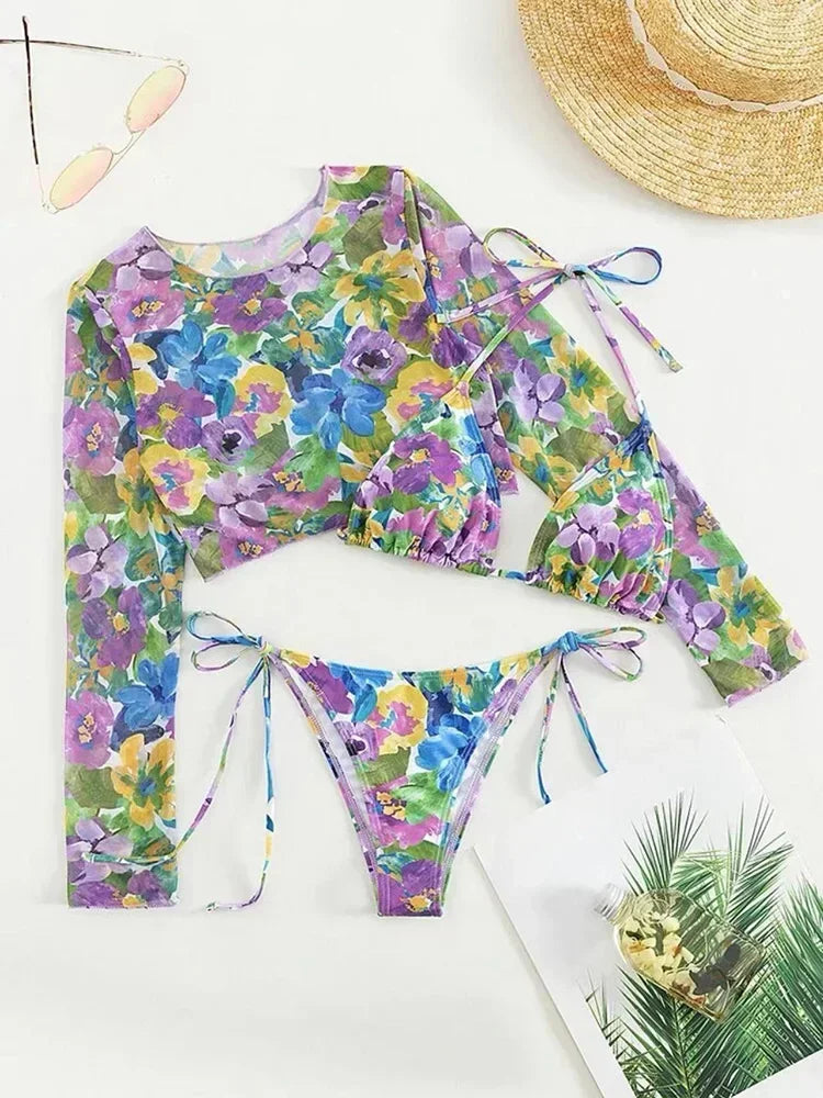 Flower Printed Long Sleeve Bikini Women Swimwear Female Swimsuit Three-pieces Bikini Set Micro Halter Bather Bathing Suit Swim - Sun Studio
