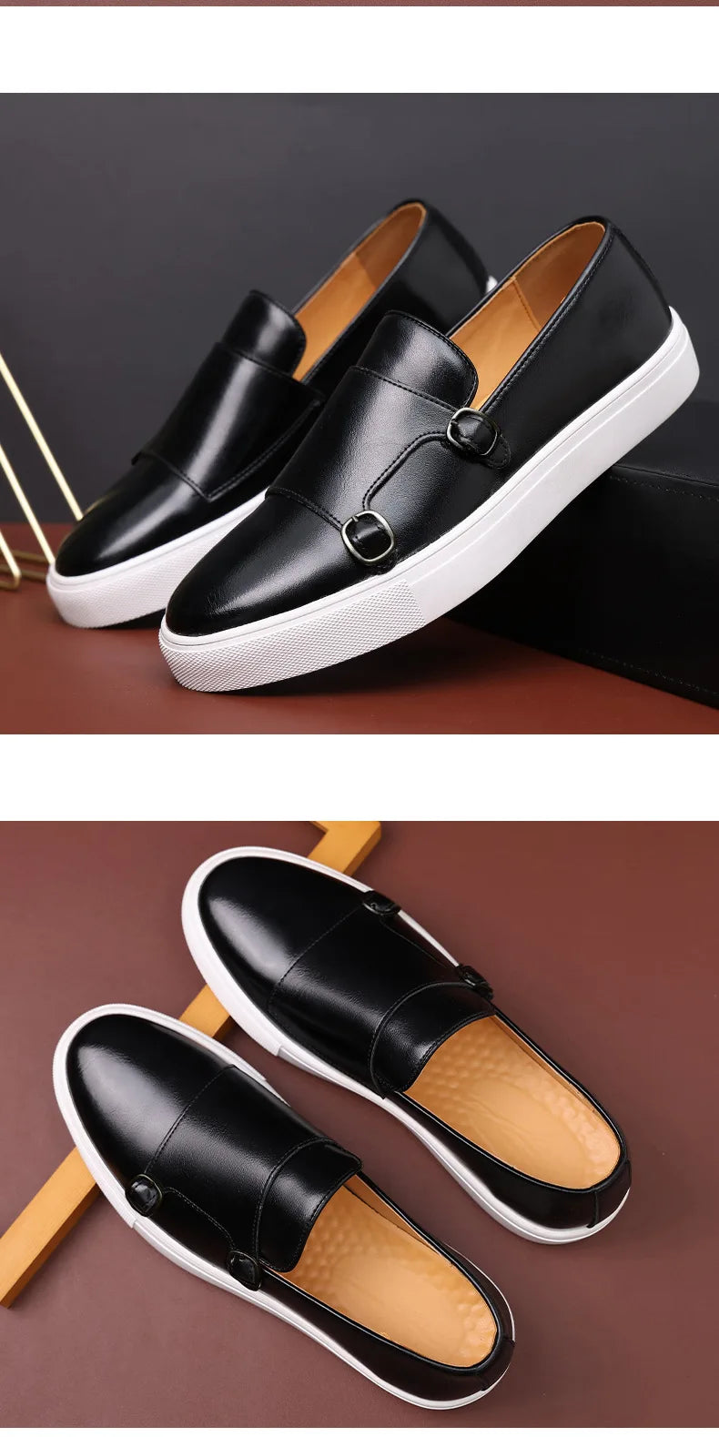 Fashion Man Casual Shoes Leather Men's Retro British Style Loafers Slip-on Outdoor Flats Double Monk Business Daily Shoe - Sun Studio