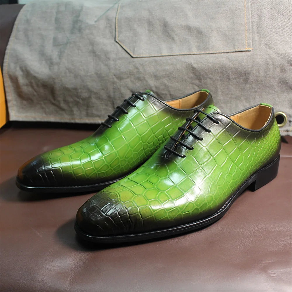 FELIX CHU Men's Genuine Cow Leather Shoes Crocodile Print Business Green Dress Shoes Formal Wedding Footwear for Spring Autumn - Sun Studio