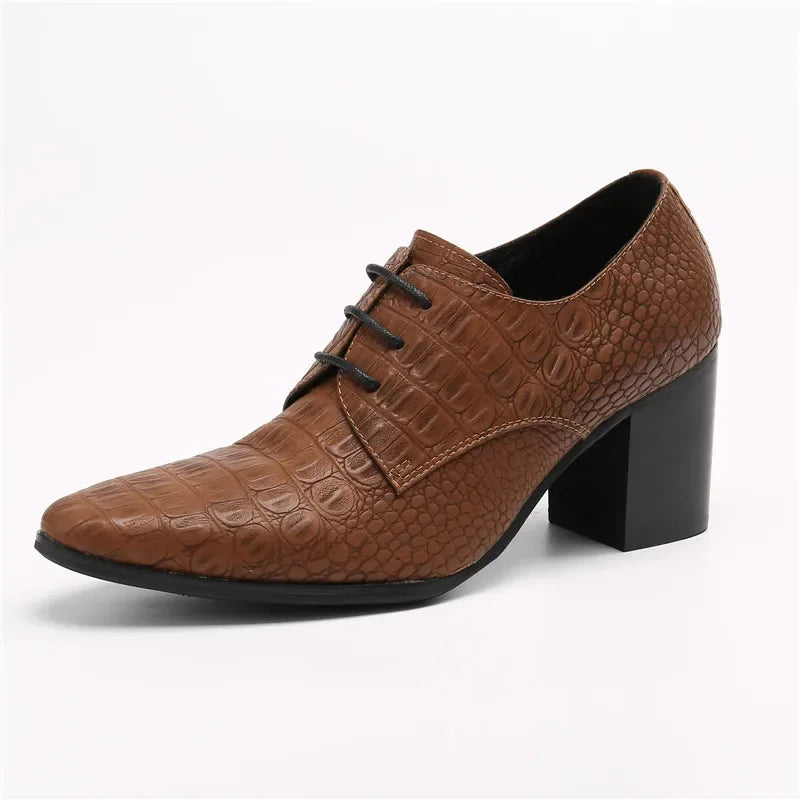 Handmade Man Office Crocodile Pattern High Heel Shoes Lace Up Business Party Dress Shoes Wedding Pointed Toe Cow Leather Shoes - Sun Studio