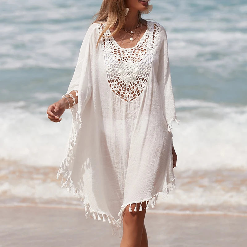 Women's Handmade Crochet Splicing Swimsuit Cover-Ups With Tassel Summer Holiday Beach Casual Loose Sunscreen Short Dress - Sun Studio