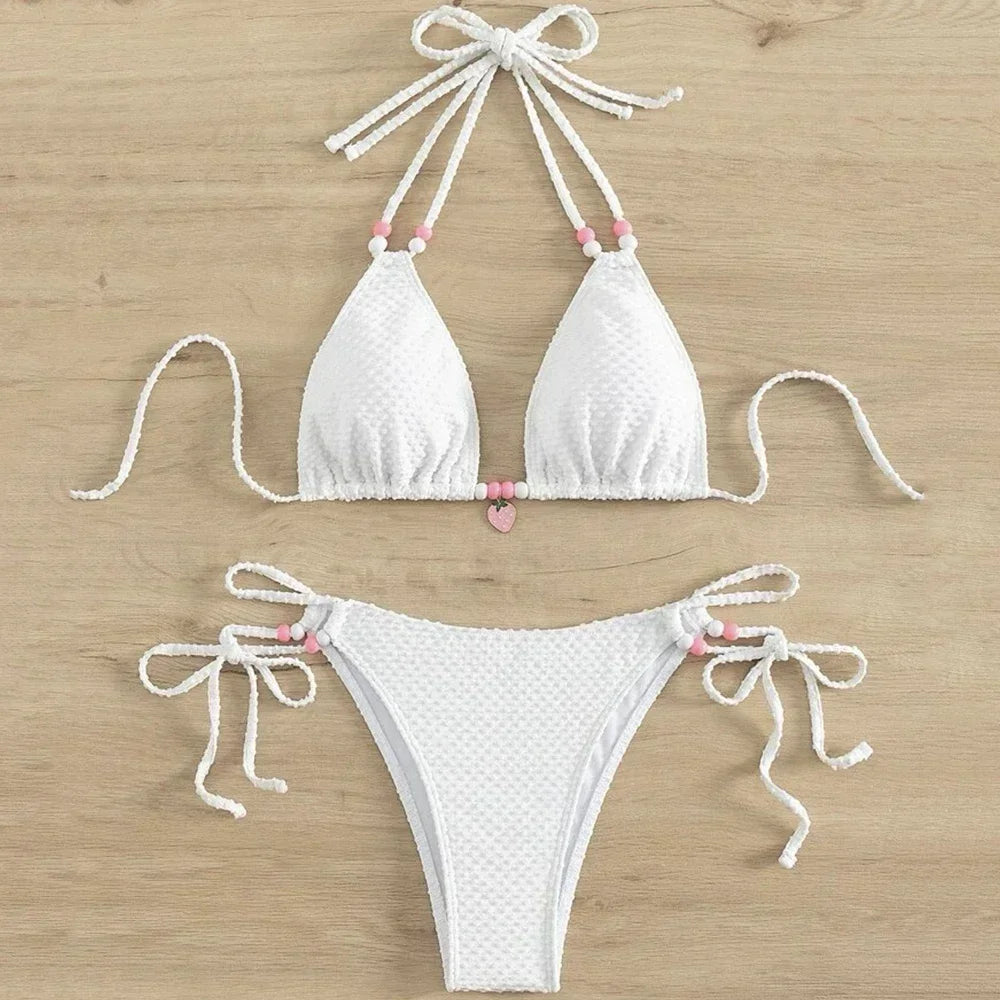 Sexy Pink Micro Thong Bikinis Sets Bead String Halter Swimwear Women Mini Swimsuit Bathing Suit Lace-up Biquinis Triangle Bikini - Sun Studio
