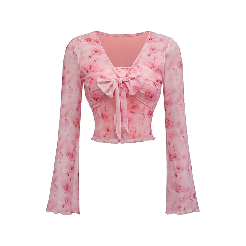 Women's T-Shirt Floral Printed Sweet V-Neck Mesh Summer Vacation Swimsuit Top Flare Long Sleeve Bow Tie Lace Up Woman Clothing - Sun Studio